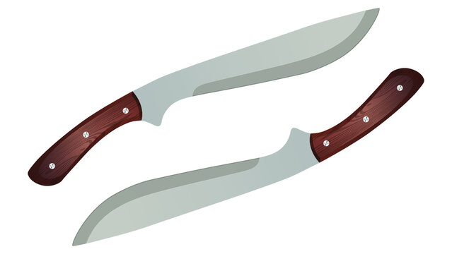 Large machete, Set of two big knife isolated on white background. Vector short heavy sharp blade knife, the short Sword, jungle sword