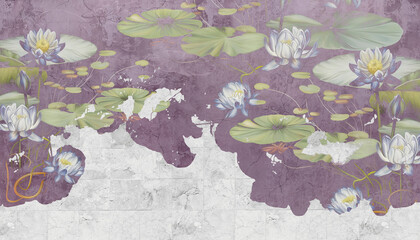 Water lilies, pitchers. Flowers painted on a concrete wall. Stunningly beautiful, modern mural, wallpaper, photo wallpaper, cover, postcard on an interesting, unusual background.