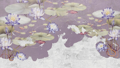 Water lilies, pitchers. Flowers painted on a concrete wall. Loft, modern design for mural, wallpaper, fresco, card, textile, home decor.