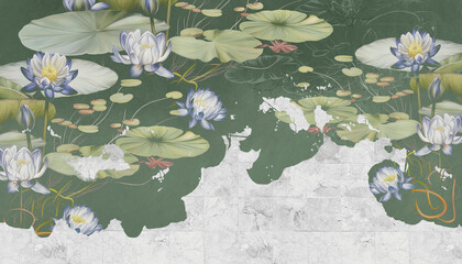 Water lilies, pitchers illustration. Flowers painted on concrete grunge wall. Beautiful modern mural, wallpaper, photo wallpaper, cover, postcard, card.