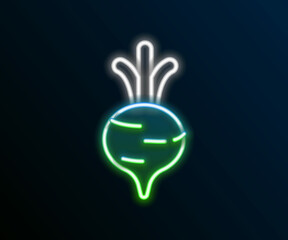 Glowing neon line Fresh beet with leaf icon isolated on black background. Natural Root. Vegetable Ingredient for food. Colorful outline concept. Vector