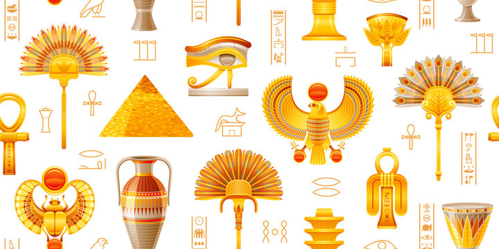 Ancient egyptian pattern. Pharaoh vector background from Egypt. Ankh old horus, scarab, pyramid. Hieroglyph symbol, icon. Historic ornament Design. Seamless pattern background. Egyptian wallpaper
