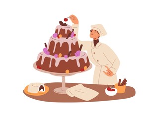 Pastry-cook decorating cake. Chef cooker, confectioner cooking delicious sweet dessert, adding cherry, final touch to confectionary dish. Flat vector illustration isolated on white background - obrazy, fototapety, plakaty