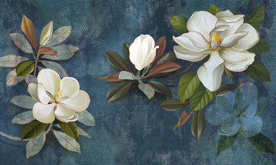 Wall mural, wallpaper, postcard, flowers on a dark background, magnolia, jasmine, leaves. Painted flowers.