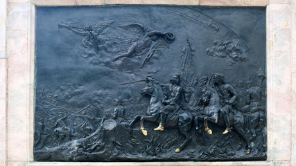 Bas-relief on the pedestal of the monument to Peter the Great in front of Saint Michael's Castle, Saint Petersburg, Russia. The bas &ndash; relief depicts a scene of the Battle of Poltava in 1714