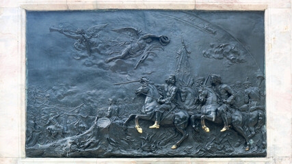 Bas-relief on the pedestal of the monument to Peter the Great in front of Saint Michael's Castle, Saint Petersburg, Russia. The bas &ndash; relief depicts a scene of the Battle of Poltava in 1714
