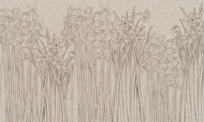 Graphic daffodils flowers painted on a brown old paper. Floral background. Design for wall mural, card, postcard, wallpaper, photo wallpaper.
