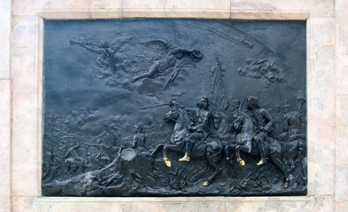 Bas-relief on the pedestal of the monument to Peter the Great in front of Saint Michael's Castle, Saint Petersburg, Russia. The bas &ndash; relief depicts a scene of the Battle of Poltava in 1714