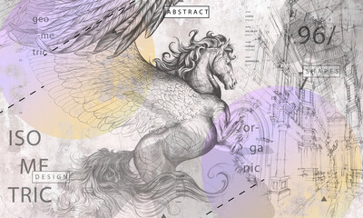 Beautiful graphic drawn pegasus with wings and geometry on a grey concrete grunge wall. Design for wallpaper, fresco, mural, card, postcard. Illustration in the loft, classic, modern style.