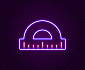 Fototapeta premium Glowing neon line Protractor grid for measuring degrees icon isolated on black background. Tilt angle meter. Measuring tool. Geometric symbol. Colorful outline concept. Vector