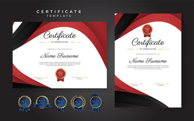 Black and red certificate of achievement border template with luxury badge and modern line pattern. For award, business, and education needs