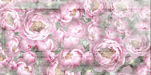 Flowers painted on a concrete wall. Peonies on the wall grunge texture. Photo wallpaper, wallpaper, fresco, mural, design for walls.