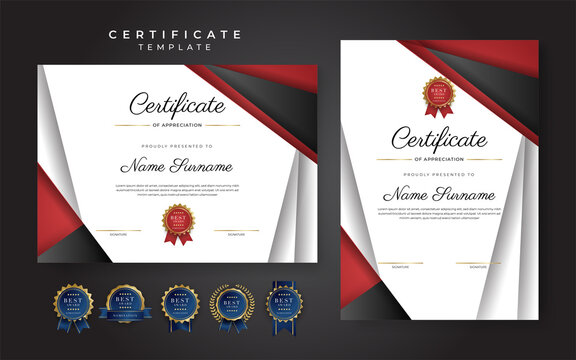 Black And Red Certificate Of Achievement Border Template With Luxury Badge And Modern Line Pattern. For Award, Business, And Education Needs