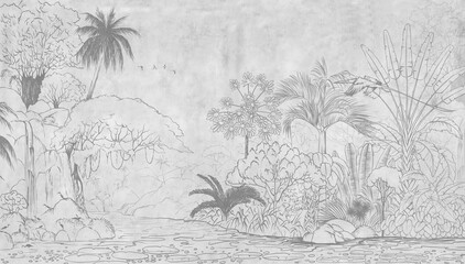 Tropical nature landscape, jungle with exotic tropical plants, flowers and leaves. Drawn jungle illustration. Design  for card, postcard, wallpaper, fresco, mural, textile.