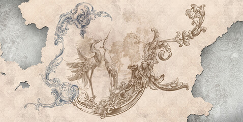 Wall mural, wallpaper, in the style of classic, baroque, modern, rococo. Wall mural with birds and patterned background. Light, delicate photo wallpaper design. - obrazy, fototapety, plakaty