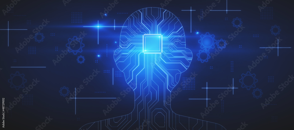 Poster Business and internet technology concept background using artificial intelligence icon with digital circuit in human head silhouette on abstract dark wallpaper. 3D rendering