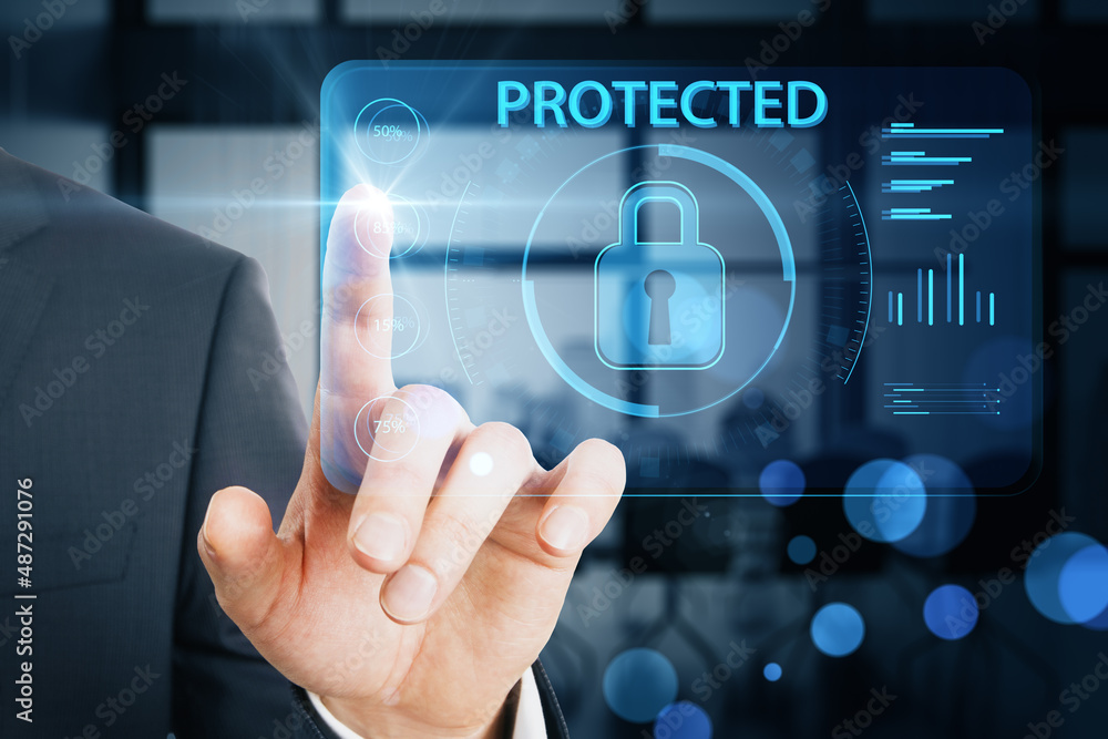 Poster close up of business man hand pointing at creative protected digital padlock on blurry bokeh office 