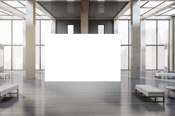 Contemporary wooden and concrete gallery interior with empty white mock up billboard, columns, window with city view and daylight. 3D Rendering.