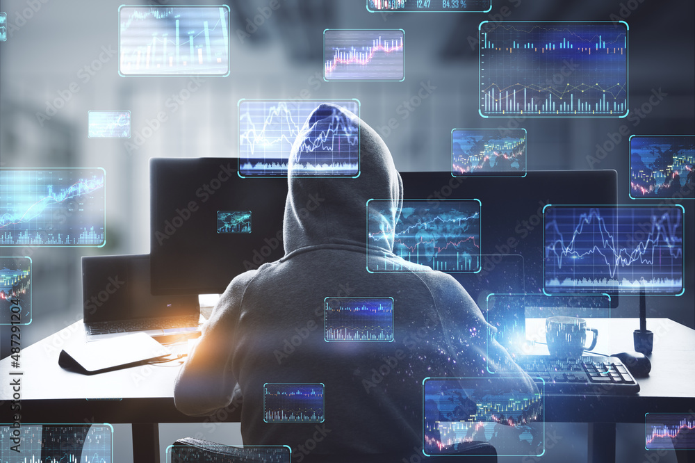 Poster Back view of hacker at desktop using computers with various forex screens on blurry office interior background. Cryptocurrency, hacking, bticoin trading and finance concept. Double exposure.