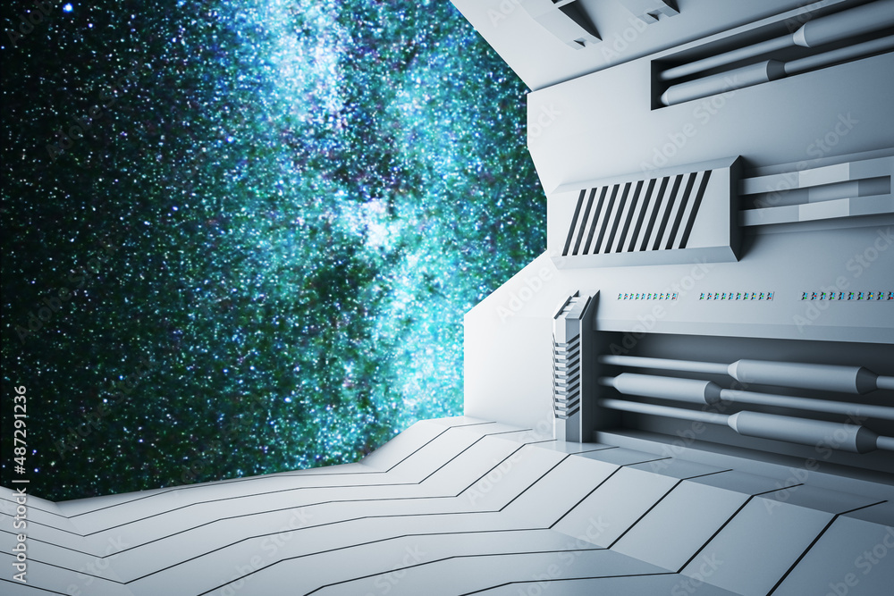 Poster Creative spaceship with bright starry sky view background. Mock up place. Universe and fantasy concept. 3D Rendering.