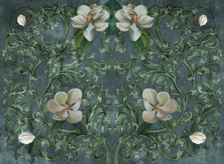 Graphic patterns with monograms, magnolia and jasmine flowers on a dark grunge concrete wall.Design for wallpaper,photo wallpaper, mural,card, postcard.Illustration in the loft, classic, modern style.