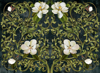 Naklejki  Graphic patterns with monograms, magnolia and jasmine flowers on a dark grunge concrete wall.Design for wallpaper,photo wallpaper, mural,card, postcard.Illustration in the loft, classic, modern style.