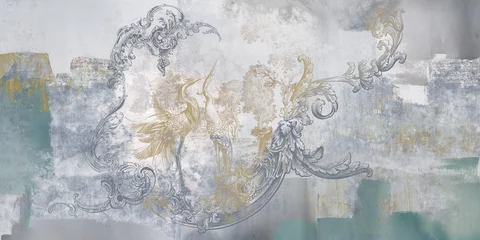 Fotobehang Wall mural, wallpaper, in the style of loft, classic, baroque, modern, rococo. Wall mural with graphic birds and patterns on concrete grunge background. Light, delicate photo wallpaper design. © Natalia