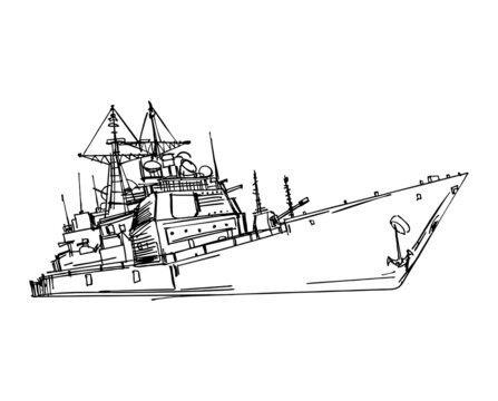 Military ship hand drawing. Aircraft carrier sketch. Vector illustration