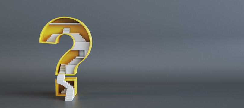 Wide image of abstract yellow question mark with stairs inside on gray background with mock up place. Challenge and career growth concept. 3D Rendering.