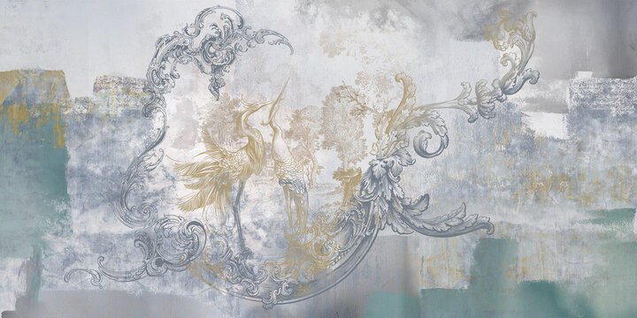 Fototapeta Wall mural, wallpaper, in the style of loft, classic, baroque, modern, rococo. Wall mural with graphic birds and patterns on concrete grunge background. Light, delicate photo wallpaper design.