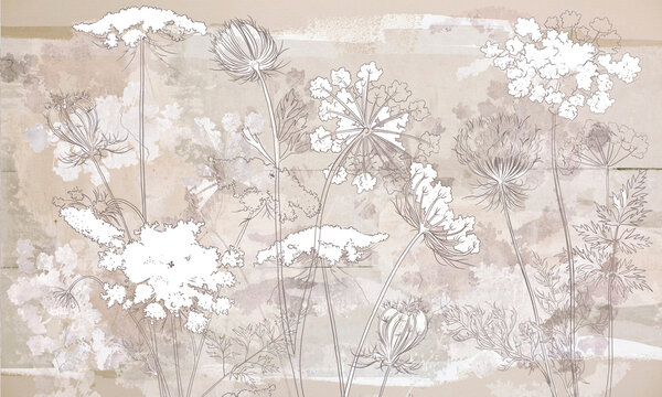 Fototapeta Graphic wildflowers painted on a brown concrete grunge wall. Floral background in loft, modern style. Design for wall mural, card, postcard, wallpaper, photo wallpaper.