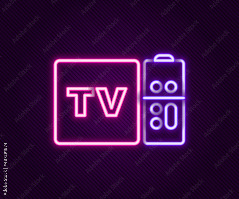 Poster glowing neon line multimedia and tv box receiver and player with remote controller icon isolated on 