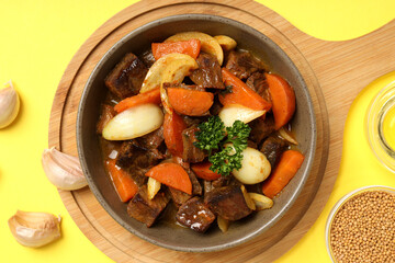 Concept of tasty food with beef with vegetables, top view