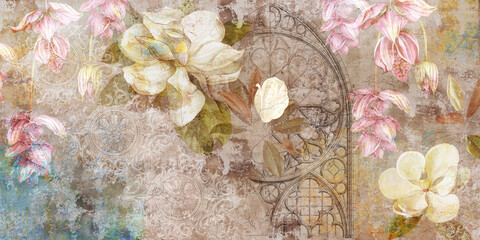 Fototapety  Design for mural, wallpaper, photo wallpaper, card, postcard. Floral background. Magnolia, jasmine flowers illustration.