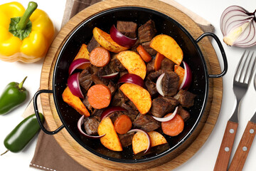 Concept of tasty food with beef with vegetables, top view