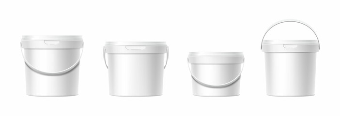 3d realistic vector icon set. Different shapes white plastic bucket with lid. Front view.  © Real Vector
