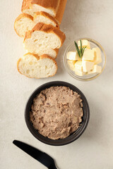 Concept of tasty food with pate, top view