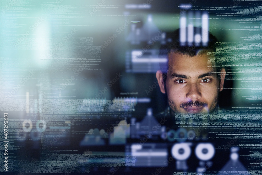 Poster Programmers speak their own language. Cropped shot of a young computer programmer looking through data.