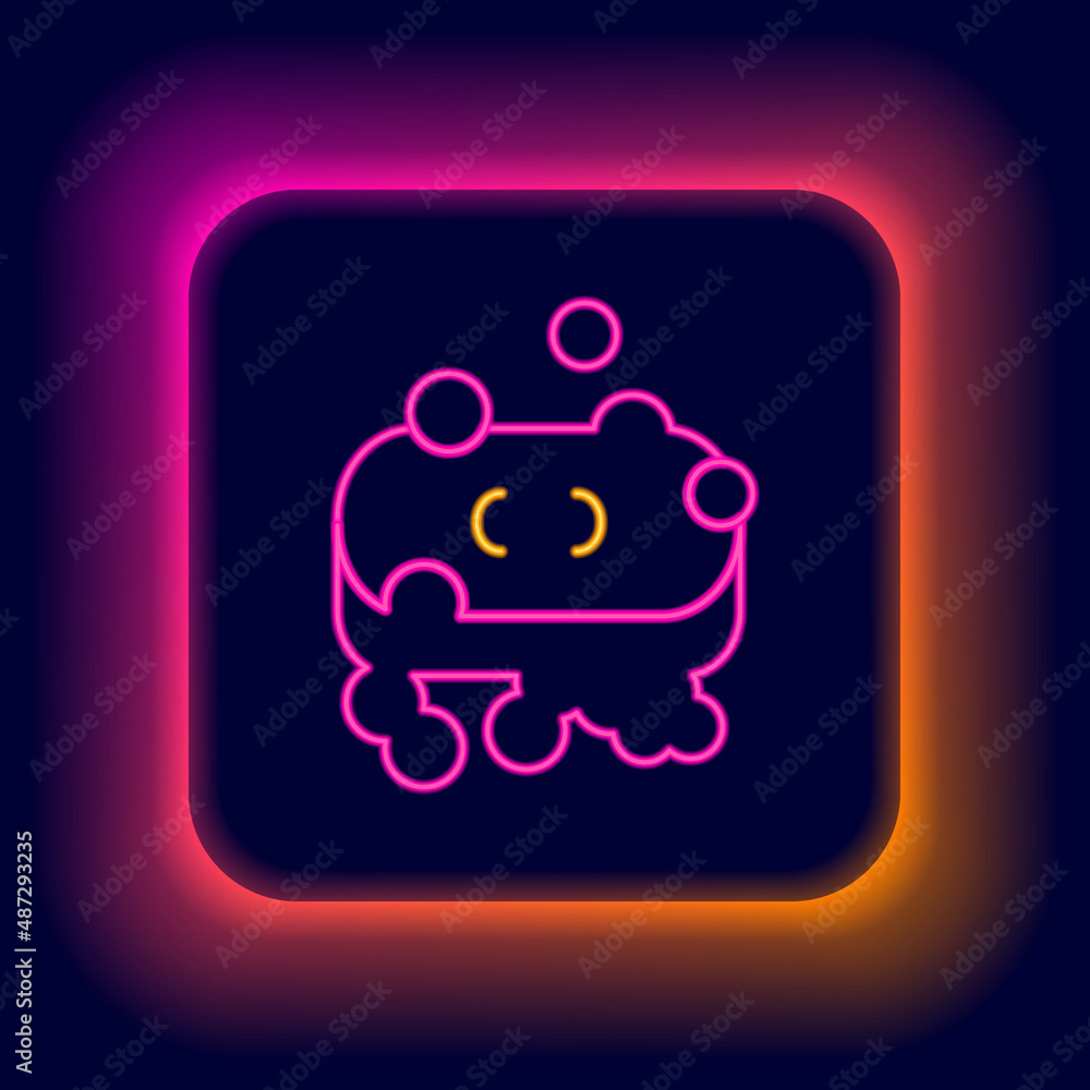 Poster glowing neon line bar of soap with foam icon isolated on black background. soap bar with bubbles. co