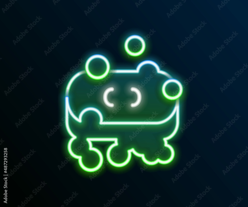 Poster glowing neon line bar of soap with foam icon isolated on black background. soap bar with bubbles. co