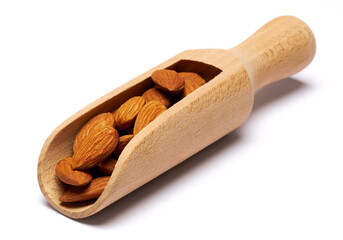 Wooden Scoop full of Almond nuts isolated on a white background