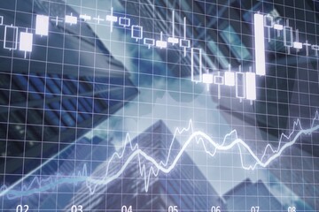 Double exposure of virtual creative financial diagram on office buildings background,