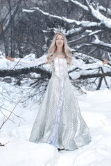 Fototapeta na wymiar Snow Queen cosplay in the winter forest background. Art photo
