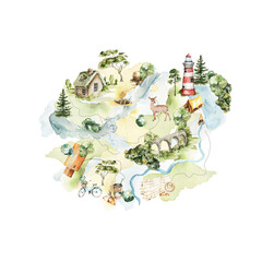 Watercolor map creator for trip, travel, camping. Hand painted road, houses, lake, tree, bycicle, summer landscape City street isolated on white background. illustration for decor, wedding print