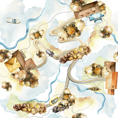 Watercolor seamless pattern map. Hand painted road, houses, lake, tree, car, autumn landscape City street isolated white background. illustration for nursery decor, baby, digital paper, print, textile