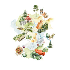 Watercolor map creator for trip, travel, camping. Hand painted road, houses, lake, tree, drink, pizza, summer landscape City street isolated on white background. illustration for decor, wedding print