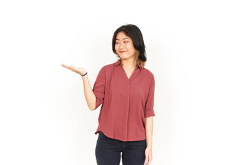 Presenting and Showing Product on Open Palm Of Beautiful Asian Woman Isolated On White Background