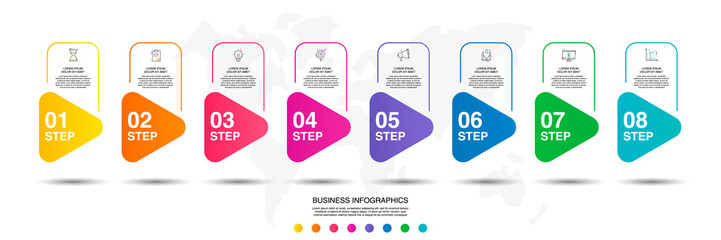 Vector infographics with 8 triangles. Business concept graphic process template with eight steps and icons. Graphic timeline for a project on white background