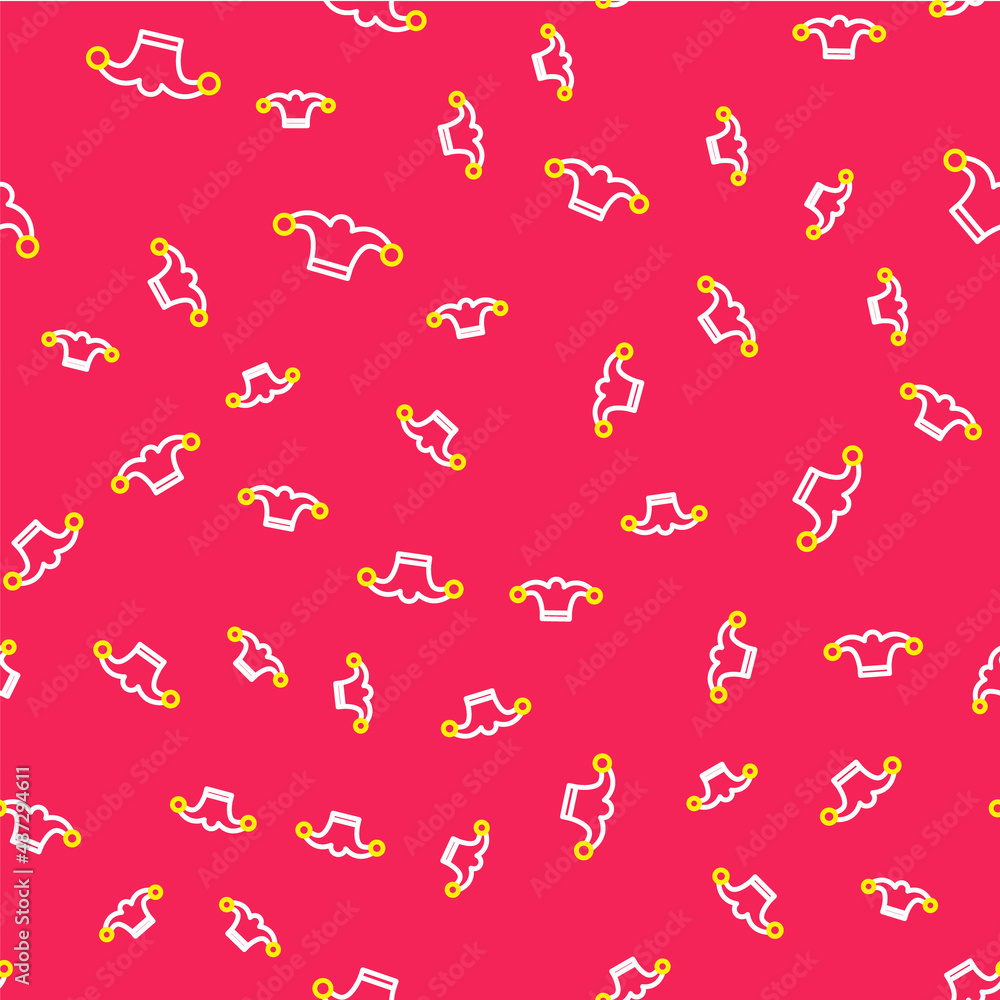Poster line jester hat with bells isolated seamless pattern on red background. clown icon. amusement park f