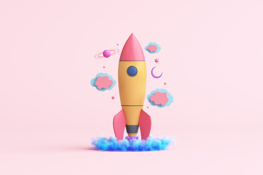 imagine creative rocket spaceship saturn stars doll children cute pink pastel clouds backdrop display child theme galaxy space smoke take off moon. kids education science technology. 3D illustration.